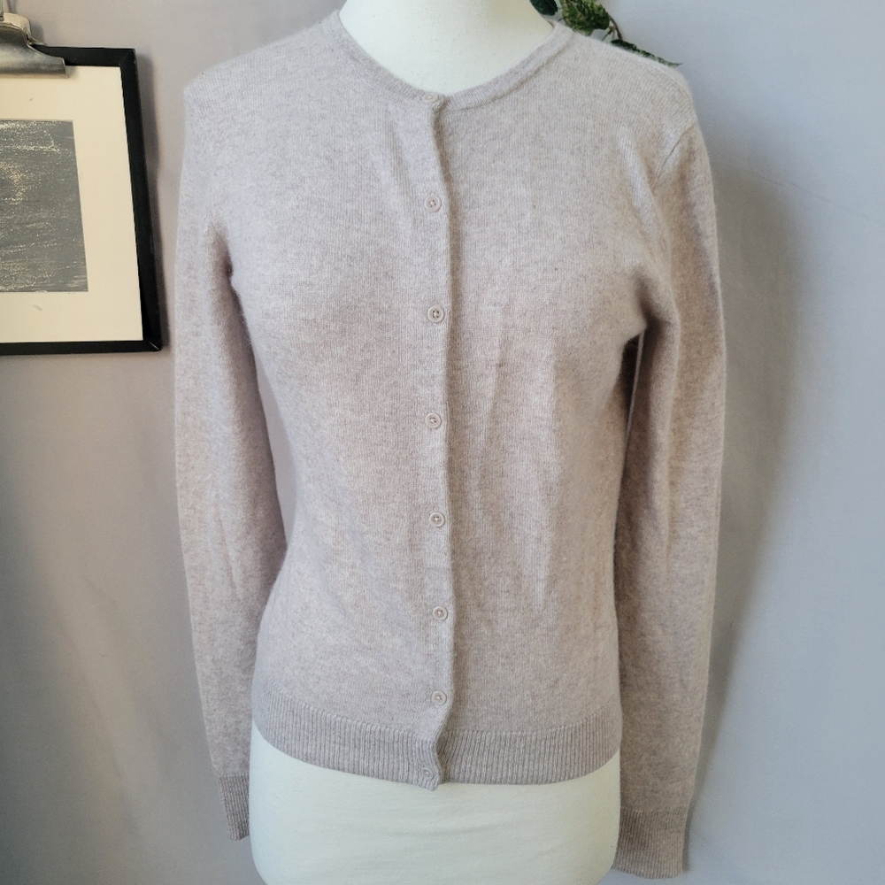 Garnet Hill Essential Cashmere Retro Cardigan Sweater Oatmeal Heather XS - Picture 2 of 14